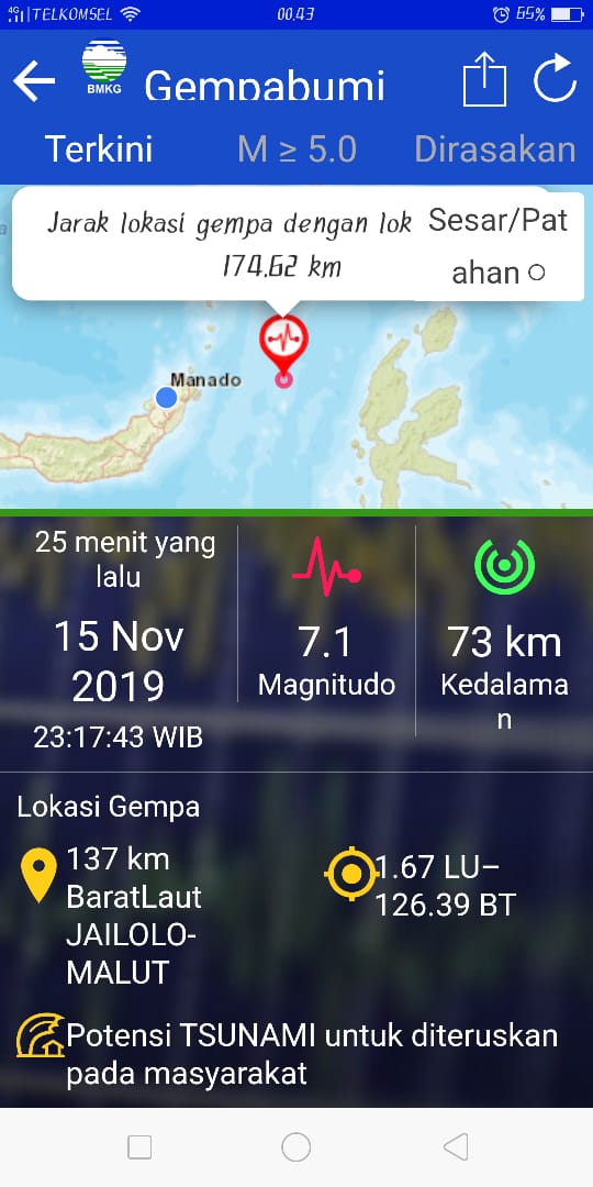 Manado Berdampak Gempa M=7,1 di Maluku Utara, 72 Kali Gempa Susulan