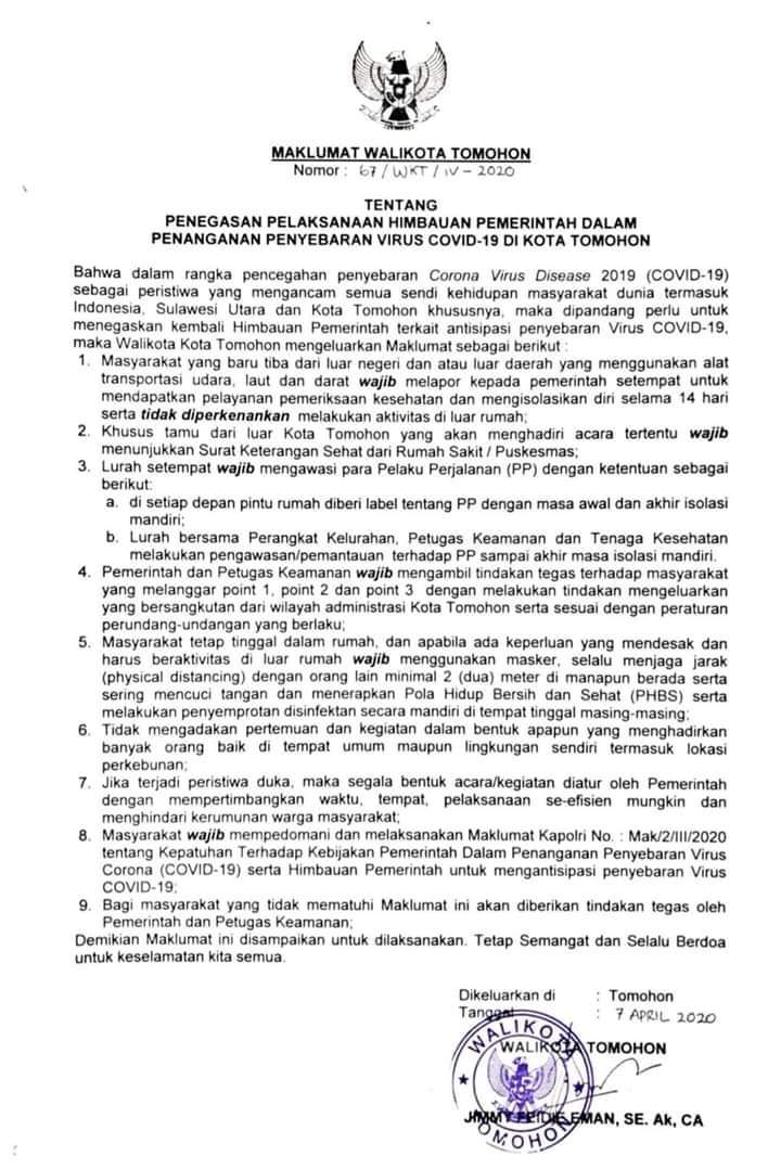Walikota Tomohon Terbitkan Maklumat, Warga Wajib Taat Lawan Covid-19