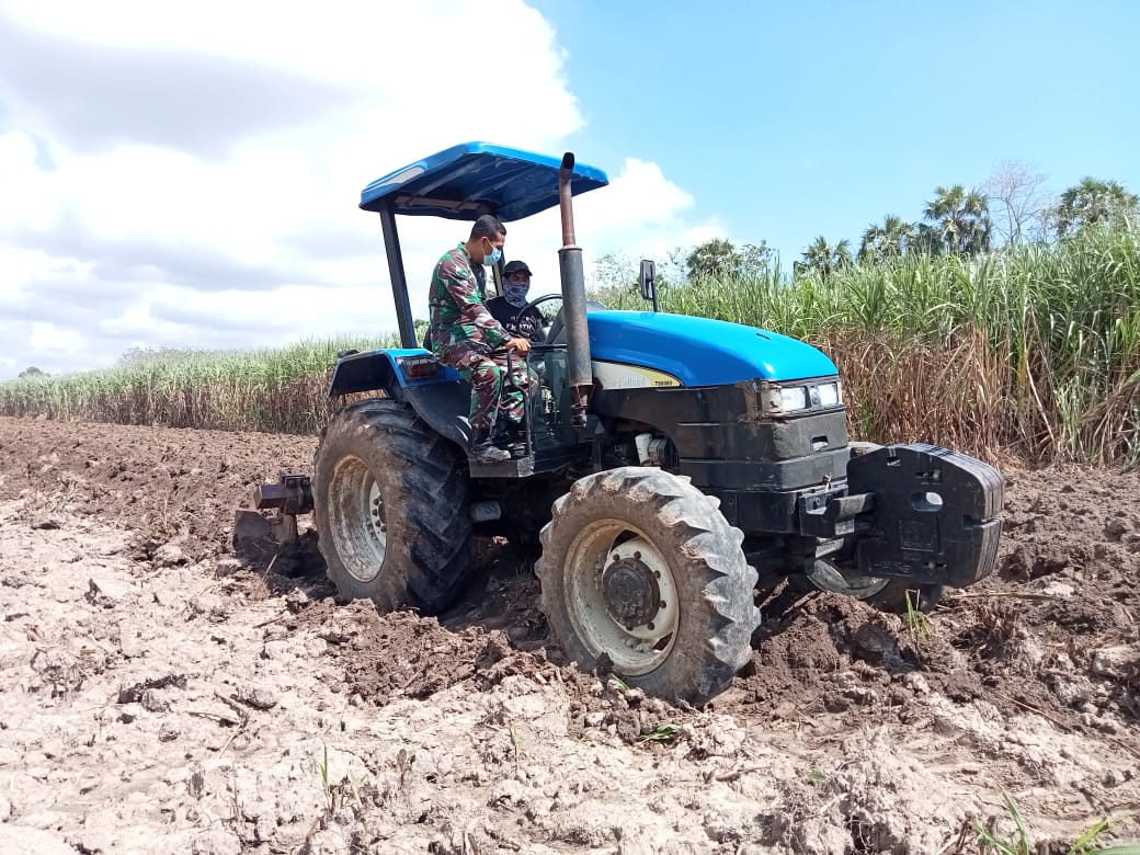 Anggota Satgas TMMD 111 Bantu Warga Membajak Sawah Menggunakan Traktor.