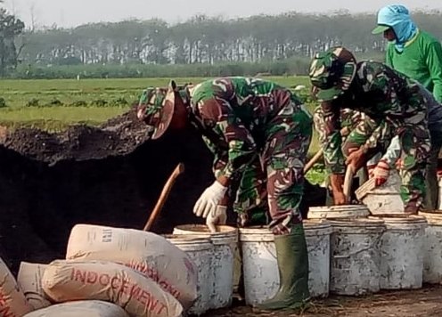 Memasukkan Pasir Ke Dalam Ember Satgas TMMD Tetap Kompak