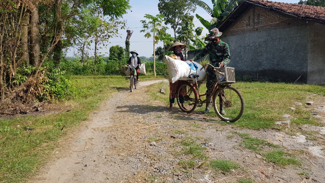 Satgas TMMD Bantu Ibu Jumirah Membawa Karung Jerami Pakan Ternak