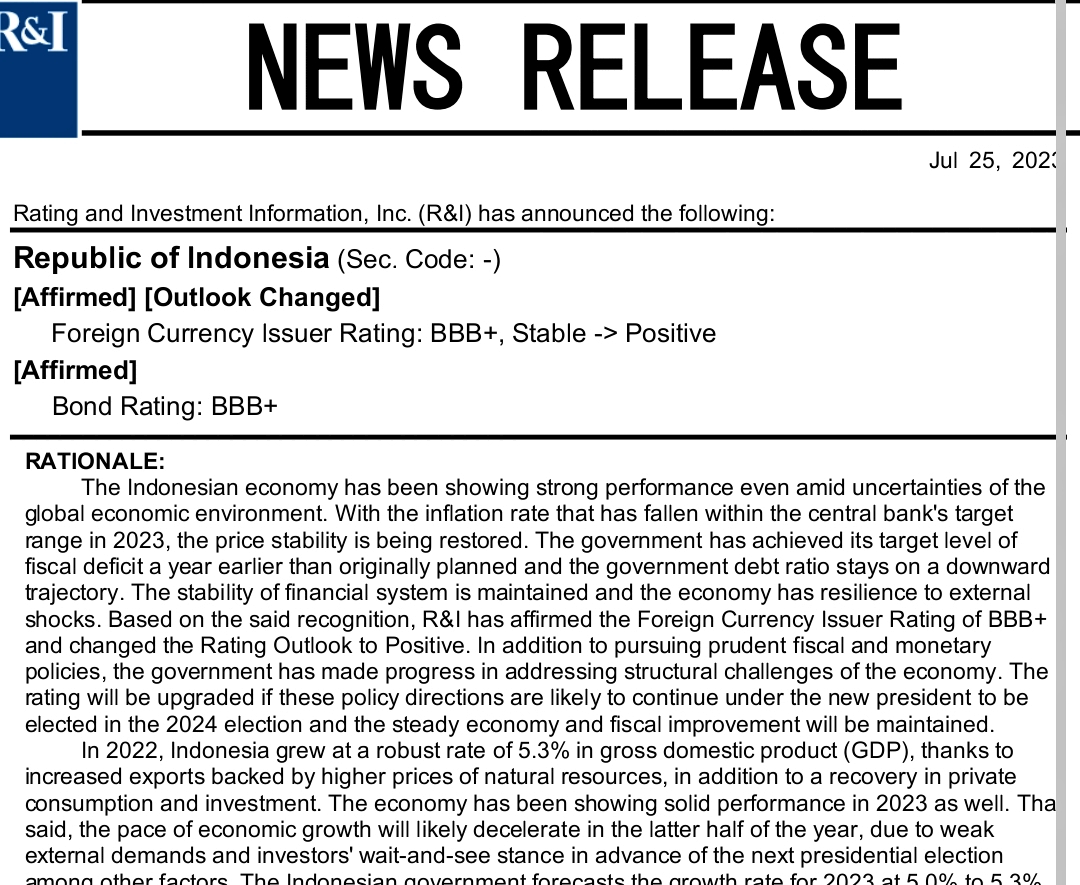 R&I: Outlook Republik Indonesia  Positif, BI Optimis