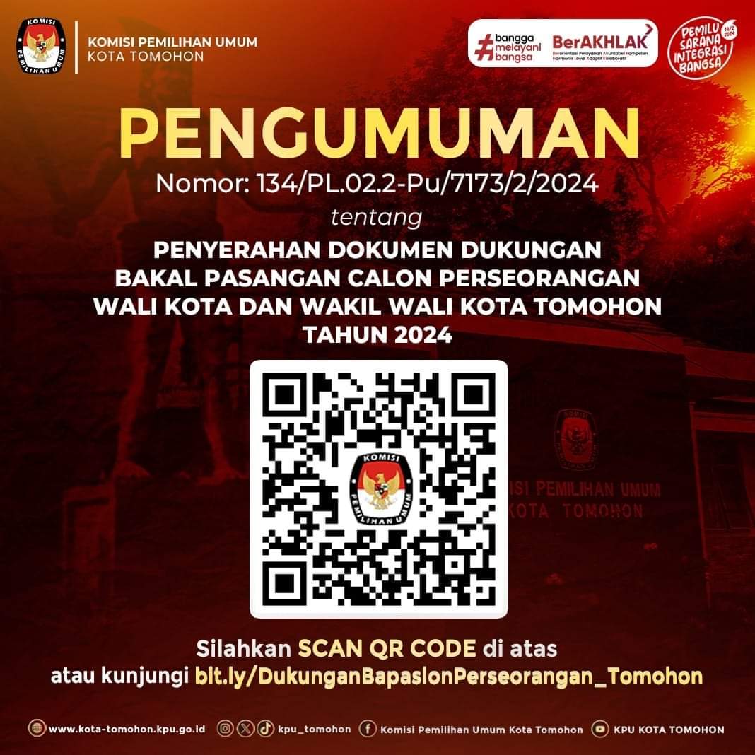 KPU Kota Tomohon Terbitkan SK Nomor: 134 /PL.02.2-Pu/7 173/2/2024 Tentang Dukungan Calon Perseorangan