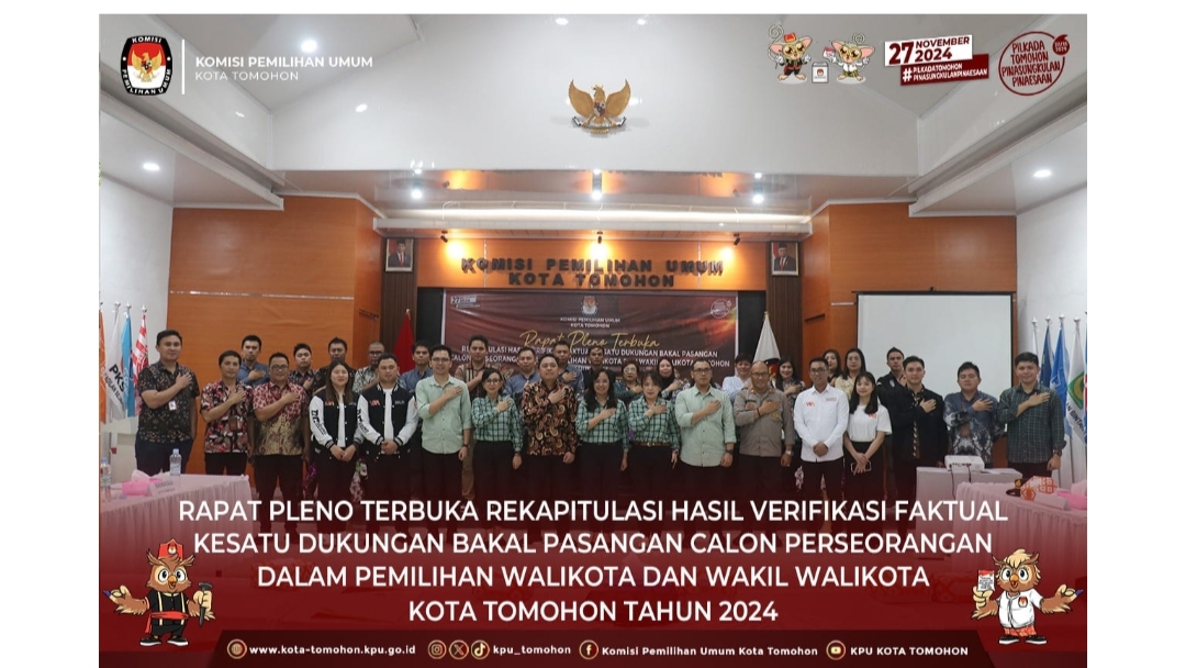 KPU Tomohon Plenokan Hasil Verifikasi Faktual Bacalon Perseorangan Pilkada Tomohon Tahun 2024