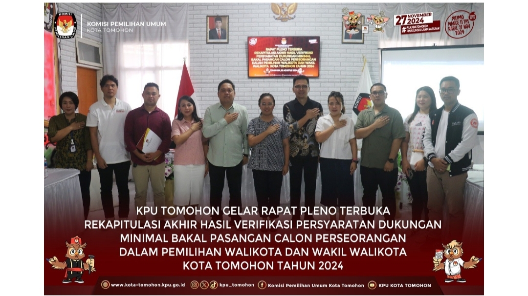 KPU Tomohon Plenokan Rekap Akhir Verifikasi Syarat Dukungan Paslon Perorangan Pilkada Tomohon Tahun 2024