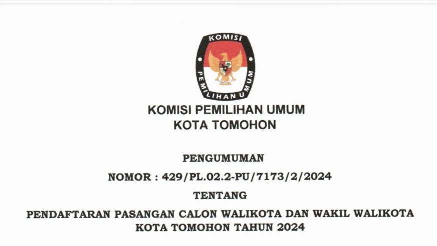 Inilah Jadwal dan Ketentuan Pencalonan Walikota/Wakil Walikota Tomohon Pilkada Tahun 2024