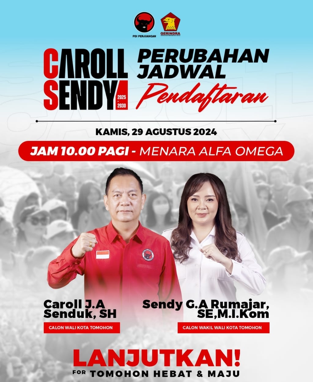 Merah Putih Siap Berjejal Antar Caroll-Sendy dari Menara Alfa Omega ke KPU Tomohon