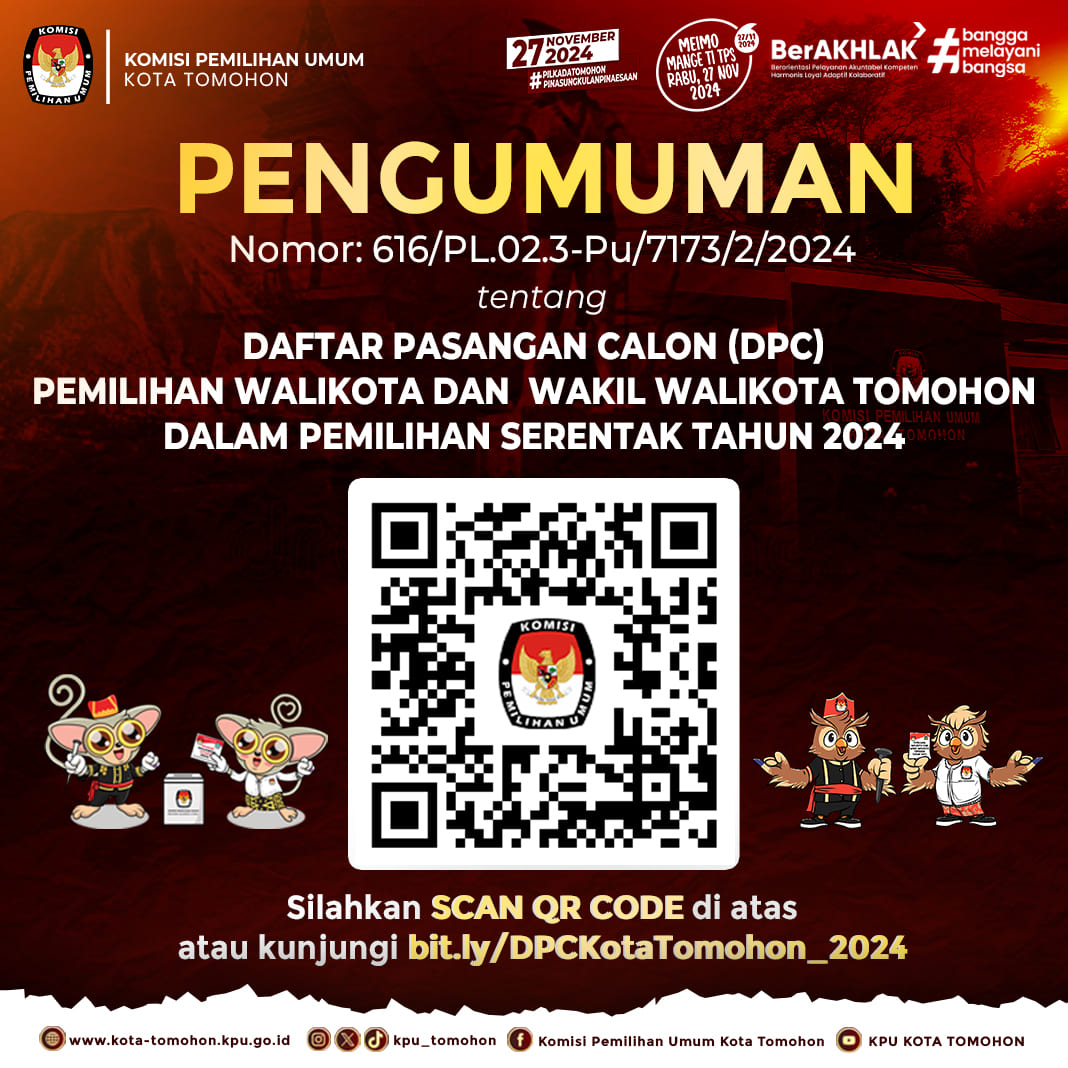 Pengumuman KPU Tomohon Terkait Daftar Pasangan Calon Pemilihan Walikota dan Wakil Walikota Tomohon Tahun 2024