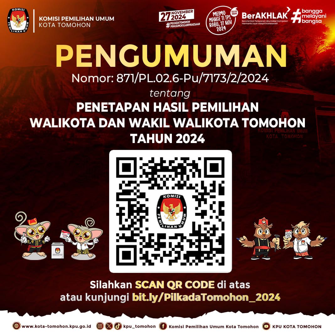 Pengumuman Penetapan Hasil Pemilihan Walikota dan Wakil Walikota Tomohon Tahun 2024